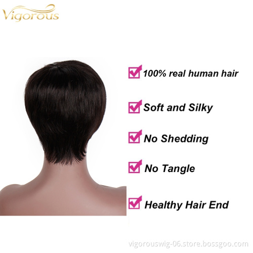 High Quality Wholesale 100% Real Brazilian Raw Short Pixie Cut Natural Black Human Hair Wigs With Side Bangs For Black Women